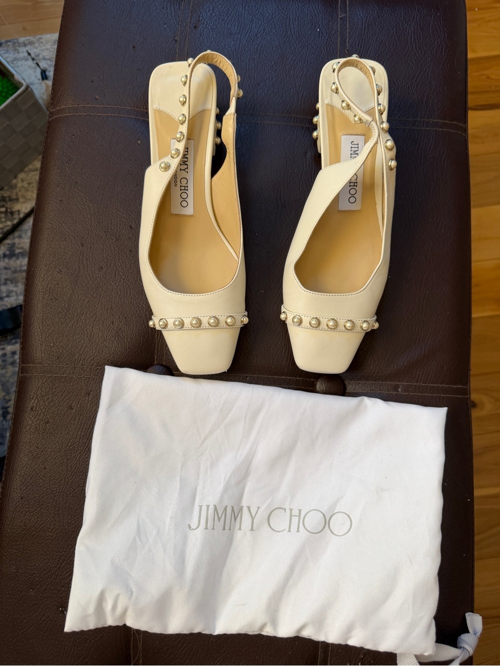 Jimmy Choo Cream Pearl-Stud Slingback Mules